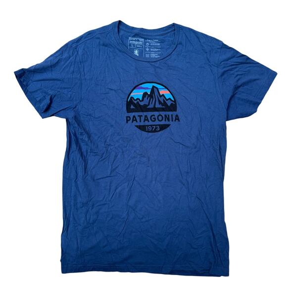 Patagonia Men's Fitz Roy Scope Organic Cotton T-Shirt Navy Blue Size L Slim Fit - Picture 1 of 7